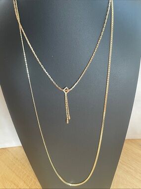 Gold Tone Layered Y Chain 2 Necklaces hand tag signed Citation 10” long Chain 15